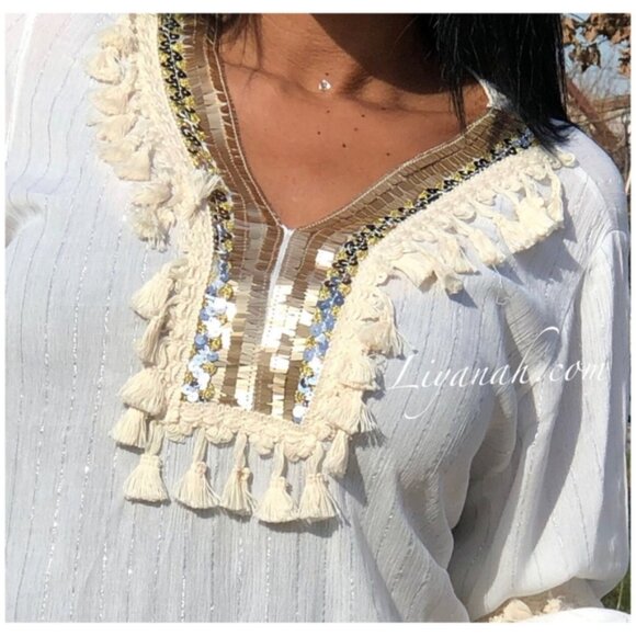 CIAO MILANO Boho Tassel Tunic Shift Dress Flare Sleeve Tassel Metallic Sequin - Picture 2 of 16